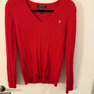Lauren Ralph Lauren Cable Knit V-Neck Sweater in Red